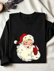 Christmas "Santa Claus Blowing Bubbles" Print Crew Neck Sweatshirt, Plus Size Women's Casual Autumn/Winter Long Sleeve Sweatshirt, Suitable For Winter Holiday, Beach, Vacation, Autumn, Halloween, Christmas, New Year. Suitable For Daily Wear, Going Out Top, Outings, Holidays, Beach, Parties, Birthdays, School, Vacation, Commuting, Fitness, Weddings, New Year, Fashion, Winter Top, Women's Autumn, Women's Holiday - Black - View 4
