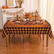 1pc Halloween Pumpkin Bat Spider Web Grid Print Rectangular Tablecloth, Suitable For Holiday, Party, Birthday, Dinner, Restaurant Table Decor, Halloween Home Autumn/Winter Decoration - Multicolor - View 4