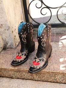 Sepatu Bot Pendek Wanita Gaya Retro Amerika Barat Serbaguna Edisi Terbatas Langka 2026 dengan Bordir Burung, Ujung Lancip, Hak Tebal, Sepatu Bot Berkuda dengan Bordir dan Hak Tebal - Hitam - View 4