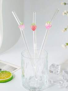 3PCS Three-Color Strawberry Glass Straws,Reusable Curved For Coffee, Milk Tea, Juices, Smoothies, Hot/Cold Drinks. Perfect For Parties, Cafes, Gifts For Lovers, Friends. Christmas, Thanksgiving, Back To School. - View 2