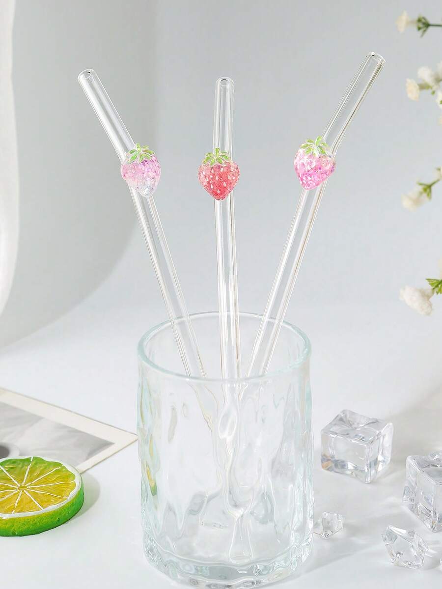 3PCS Three-Color Strawberry Glass Straws,Reusable Curved For Coffee, Milk Tea, Juices, Smoothies, Hot/Cold Drinks. Perfect For Parties, Cafes, Gifts For Lovers, Friends. Christmas, Thanksgiving, Back To School.
