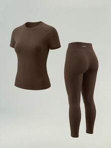 UONNOU 2pcs/Set Atasan Olahraga Wanita Lengan Raglan Leher Bulat Lengan Pendek Pas Badan + Legging Yoga Panjang Pinggang Tinggi Set Kebugaran - Mocha Brown - View 1