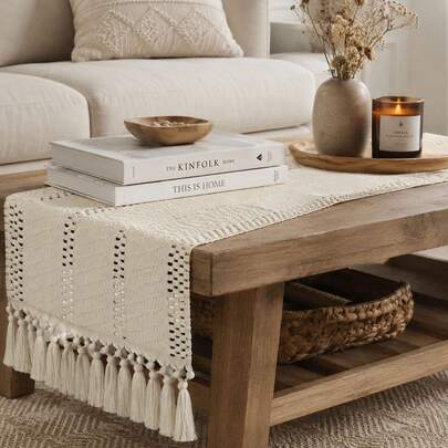 Boho Hollow Woven Table Runner With Tassels, Cream Beige Macrame Table Runner, Rustic Farmhouse Decorative Table Runner For Dining Table