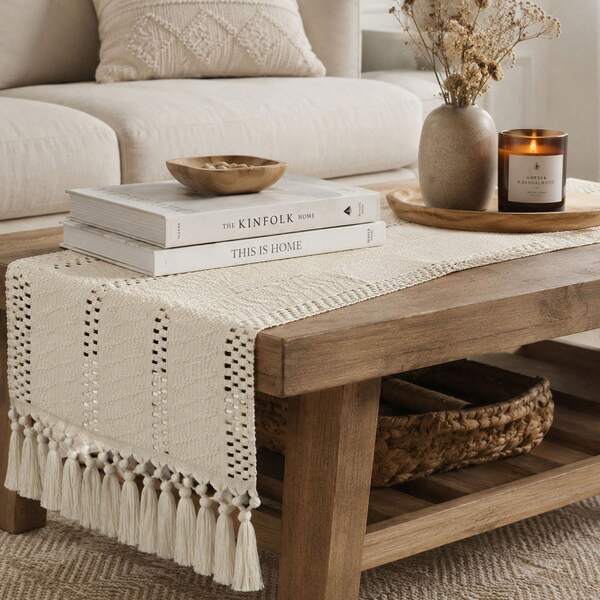 Bohemian Style Hollow Woven Tassel Table Runner, Cream Beige Macrame Table Runner, Rustic Farmhouse Decor Dining Table Runner