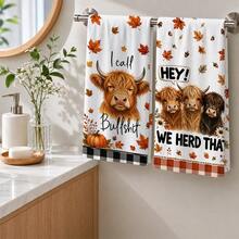 2/4/6pcs Highland Cow Autumn Theme Printed Kitchen Napkins, Cute Hand-Drawn Style, Soft And Easy To Clean, Highland Cow, Pumpkin, Maple Leaf Patterns, Home Decor, Autumn Home Gift, Suitable For Bathroom Decor, Kitchen Decor, Kitchen Accessories - Multicolor - View 5