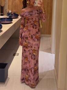 優雅粉色露肩花卉印花薄紗長洋裝，適合婚禮賓客、海灘度假、派對、秋季出遊 - 粉色 - 查看 3