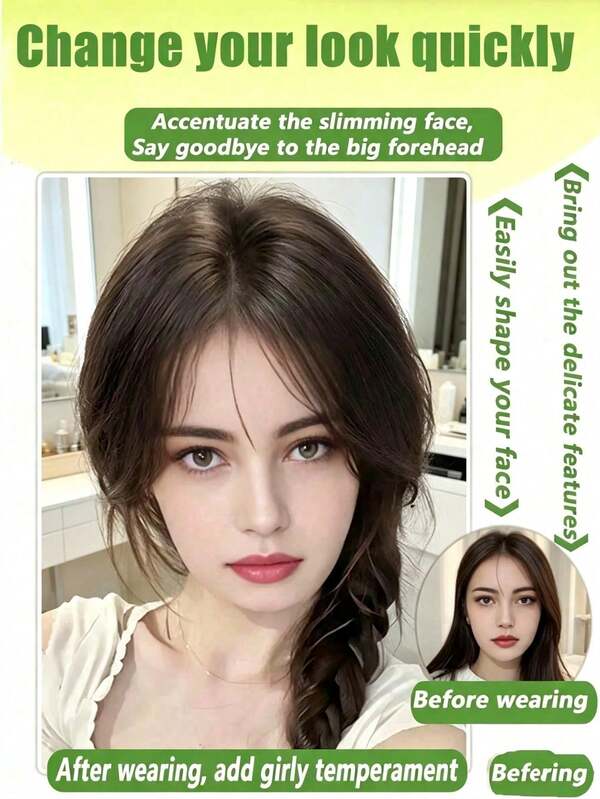 2pcs Women/Girls Clip-In Bangs Wig - Ultra Lightweight 3D Natural Realistic Air Pressure Bangs, No Visible Bottom, With Sideburns - Suitable For Daily Wear And Parties, One-Piece Clip-In Front Hair Accessory, Suitable For Christmas, Halloween Costume Accessories, Create Voluminous Hairstyle, Autumn Decoration, Bedroom Decoration, Christmas Decoration, Halloween Home Decor, Travel Essential, Women's Birthday Gift, Back To School, Home Decor, Gift For Women, Gift For Mother, Gift For Grandmother