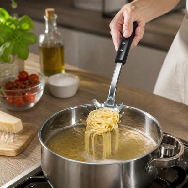 Steel Pasta And Spaghetti Spoon With Black Soft Handle, Ergonomic Kitchen Tool With Teeth And Drainage Slots, Durable Serving Scoop, 8x32x5cm