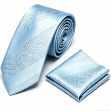 Men's Tie Set, Classic Fashion Tie & Pocket Square Set, Suitable For Weddings, Business And Banquets - Baby Blue - View 2