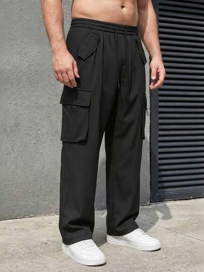 Plus Size Men's Multi-Pocket Straight Leg Cargo Pants Elastic Waist Wide Leg Outdoor Casual Trousers