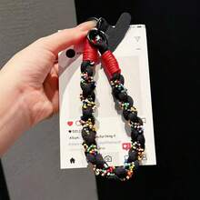 Handmade Woven Cotton Rope Unique Niche Beaded Girls' Portable Small Pendant Chain Bag Charm Creative Versatile Thick Keyring Contrast Color Lanyard Short Wrist Strap Anti-Drop Phone Rope Phone Chain - Multicolor - View 8