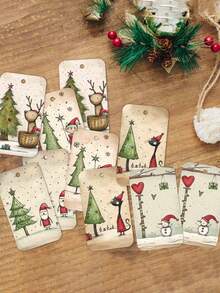 1/25/50pcs Cute Christmas Gift Tags With Jute Rope, Fantasy Holiday Design, Featuring Bear, Reindeer, Christmas Tree, Angel And Dog, Holiday Paper Party Gift Labels, Suitable For Christmas Gifts, Gift Wrapping And DIY Crafts - Multicolor - View 3