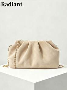 Women's Solid Color Gold Chain Strap Ruched Design Crossbody Shoulder Evening Clutch Bag, Elegant Style, Suitable For Party And Daily Wear, All Season - Khaki - View 9