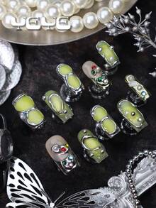 10pcs Square Wearable Nails, Amber, Nude, Ginger Cat Eye, Metallic Silver Element Colorful Rhinestone Decor, Gothic Style Full Coverage Acrylic Handmade Wearable Nail Set, Modern Nail Art Supplies, Suitable For Women And Girls, Applicable For Music Day, Daily, Party Nail Art - Ginger - View 5