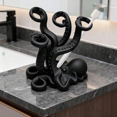 3D Printed Octopus Toothbrush Holder, Funny Octopus Toothbrush Storage Rack, Multi-Slot Toothbrush And Toothpaste Organizer For Bathroom Countertop, Creative Fun Bathroom Decor, Halloween/Christmas Gift For Family And Friends, Black, 1pc