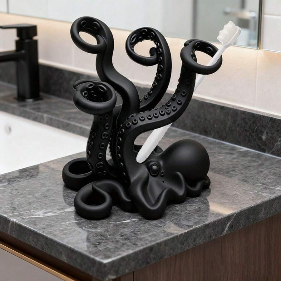 3D Printed Octopus Toothbrush Holder, Funny Octopus Toothbrush Storage Rack, Multi-Slot Toothbrush And Toothpaste Organizer For Bathroom Countertop, Creative Fun Bathroom Decor, Halloween/Christmas Gift For Family And Friends, Black, 1pc - Black - View 1