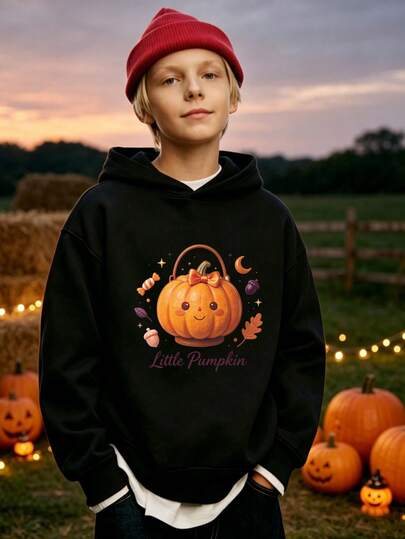 1-Piece Boys' Halloween Hoodie, Bow Pumpkin Mini Basket Hooded Sweatshirt, Boys' Everyday Party Pullover - Festive Gift