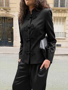 Cardigan lengan panjang leher bulat hitam elegan dan bergaya serbaguna dengan kancing bergaya retro untuk wanita - sempurna untuk pakaian musim gugur. - Hitam - View 10