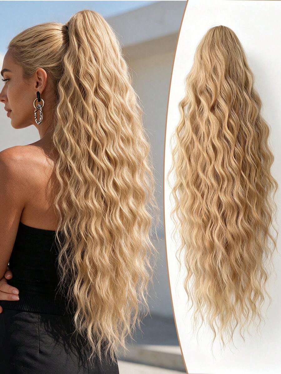 HEYPINK Clip-In Ponytail Hair Extension 26 Inch Long Gold Wavy Heat-Resistant Synthetic Fiber Hair Piece For Women And Girls Party And Daily Wear