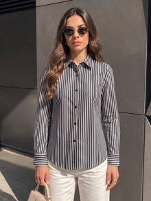 1pc Women's Classic Vertical Striped Collared Shirt, Smooth Drape Slim Fit Long Sleeve Commuter Blouse, Flattering Versatile All-Match Top For Light Office Wear, Casual Daily Spring/Autumn Layering - Blue - View 3