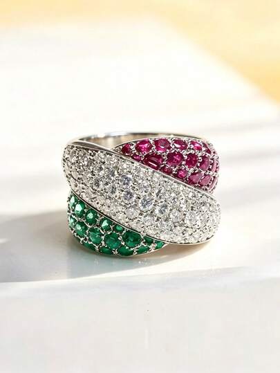 Eterna Glow 1 buah Cincin Mewah Bertatahkan Zirkonia Kubik Merah & Hijau untuk Wanita, Cincin Fashion Warna Perak, Geometri untuk Pemakaian Sehari-hari, Pesta, Pernikahan, Perhiasan Ulang Tahun