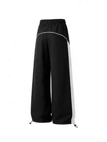 Men's Spring/Autumn Casual Fashion Colorblock Patchwork Long Pants, Outdoor Streetwear Minimalist Trousers - Black - View 3