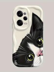 1 buah Casing Ponsel Pelindung Anti-Guncangan Motif Gelombang Besar Krem, Casing Ponsel Kucing Tuxedo Lucu, Casing Ponsel TPU Lembut Anti-Jatuh Motif Anak Kucing Hitam Putih yang Mengintip, Kompatibel dengan Perangkat Android, Ponsel Seri - Putih - View 2