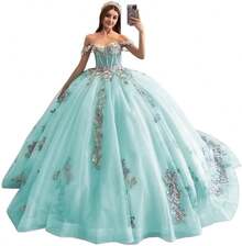 Vestidos de Quinceañera con Hombros Descubiertos, Talla Grande, Vestido de Encaje con Apliques Dulces 15 16, Fiesta de Graduación, Boda, Cumpleaños - Azul (Azul hielo) - Ver 1