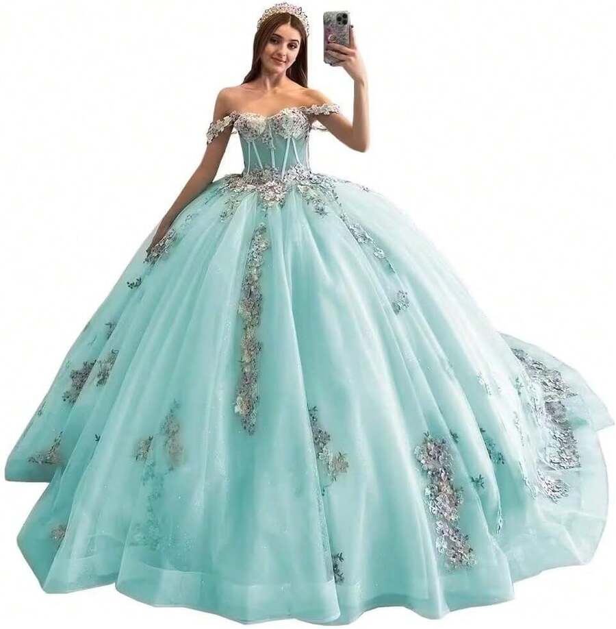 Vestidos de Quinceañera con Hombros Descubiertos, Talla Grande, Vestido de Encaje con Apliques Dulces 15 16, Fiesta de Graduación, Boda, Cumpleaños - Azul (Azul hielo) - Ver 1