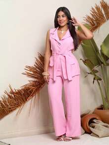 Conjunto Feminino Sensorial Marrant Colete C/ Fechamento Botões e Calça Pantalona C/ Bolsos Tendencia Primavera e Verão Look Elegante Trabalho Evento - Rosa Bebê - Visão 1