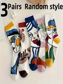 5 Pairs Unisex Couples Abstract Oil Painting Socks, Breathable Sweat-Absorbing Long Socks, Minimalist European & American Style Graffiti Deodorizing Mid-Calf Socks, Suitable For All Seasons, Autumn/Winter Christmas Gift - Random 4 Pairs - View 9