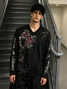 Men's V-Neck Long Sleeve T-Shirt, Gothic Style Spider Lily And Calligraphy Letter Print Streetwear Top - Multicolor - View 3
