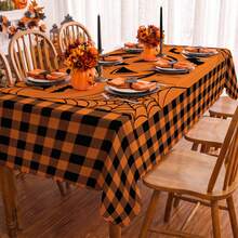 1pc Halloween Pumpkin Bat Spider Web Grid Print Rectangular Tablecloth, Suitable For Holiday, Party, Birthday, Dinner, Restaurant Table Decor, Halloween Home Autumn/Winter Decoration - Multicolor - View 3