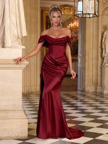 Elegant Women's Off-Shoulder Pleated Fashion Slit Dress - Burgundy - View 5