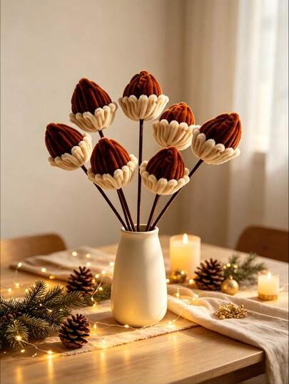 2/4/8/12pcs Handmade Twisted Wire Pine Cone Flower Bud Artificial Flower Bouquet Finished Product, Vintage Brown Plush Twisted Wire Flower, Autumn Winter Christmas Atmosphere Desktop Floral Arrangement Decor, Living Room Dining Table Vase Decoration, Holiday Scene Soft Decor Prop, B&B Cafe Floral Display, Creative Handmade Plush Flower Home Decor Gift