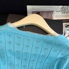 Blue Long Sleeve V-Neck Short Sweet Style Hollow Out Jacquard Knit Cardigan Women Top - Mint Blue - View 4
