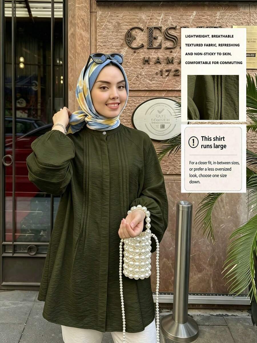 女款優雅長袖主教袖漏斗領梭織面料上衣,打造時尚造型,辦公室女妖秋季風 - 綠色 - 查看 1