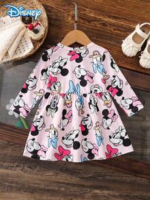 Disney Minnie & Mickey Big Head Print Pink Long Sleeve Dress For Baby Girls, Spring/Autumn, Cartoon Pattern, Slightly Elastic Knit, Round Neck, Suitable For Baby Girl Daily Wear, Great Gift - Pink - View 3