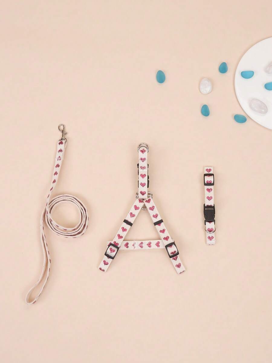 1 Set Cute Polyester Heart Pattern Collar Harness Leash Set, Suitable For Small Teddy Bear Outdoor Use (Not Suitable For Large Dogs)