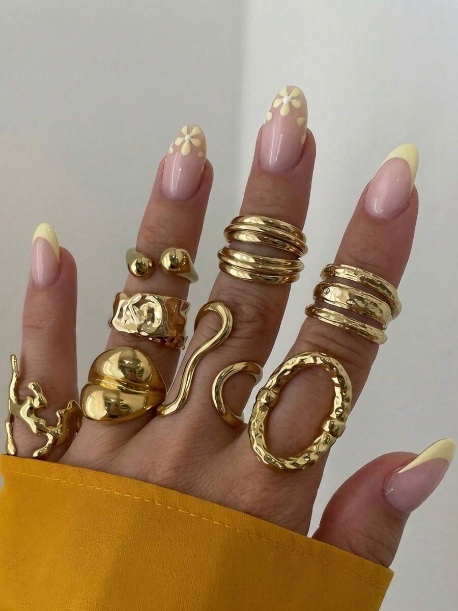 Set Cincin 8 Buah Multi-Layer Stackable Fashion Minimalis Elegan Desain Vintage Indah Pita Geometris Bulat Berongga Manik-manik Tekstur Lipit Asimetris Salib Multi-Layer Dipoles Minimalis Polos Lebar Tebal, Hadiah Liburan Pesta Kencan, Pakaian Sehari-hari - Yellow Gold - View 1