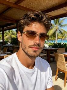 1對男士復古長方形框時尚眼鏡，設計經典，適合日常生活、街頭攝影、旅行，適合所有臉型 - 1pc 金框雙茶片 - 查看 2