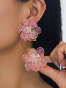 1 Pair Elegant Romantic Soft Style Translucent Pink Flower Stud Earrings For Women, Suitable For Summer Vacation And Daily Wear - Pink - View 1