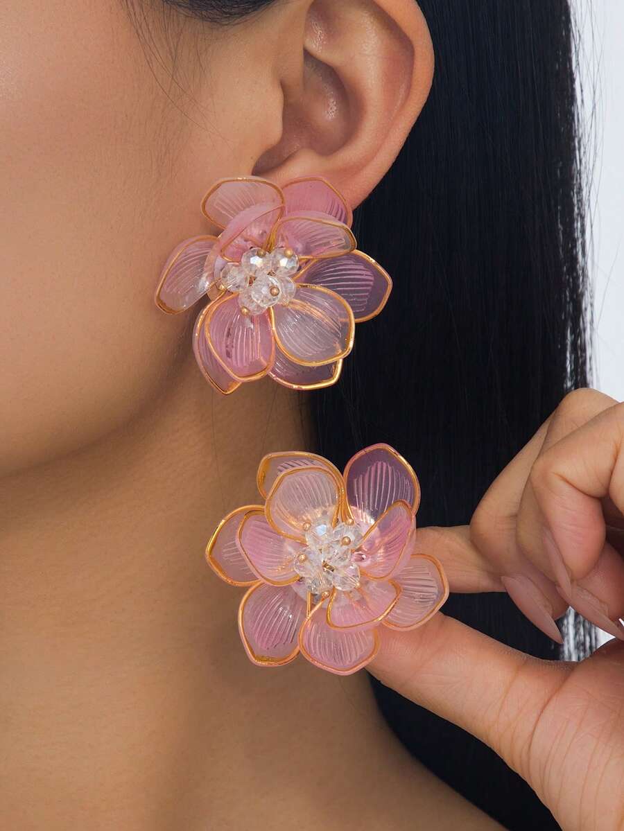 1 Pair Elegant Romantic Soft Style Translucent Pink Flower Stud Earrings For Women, Suitable For Summer Vacation And Daily Wear - Pink - View 1