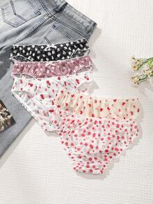 5pcs/Pack Girls Style Mesh Women's Triangle Panties, Heart & Ditsy Floral, Ruffle Waistband With Small Bow, Lightweight Soft Skin-Friendly Sweet Women's Triangle Panties - Multicolor - View 3