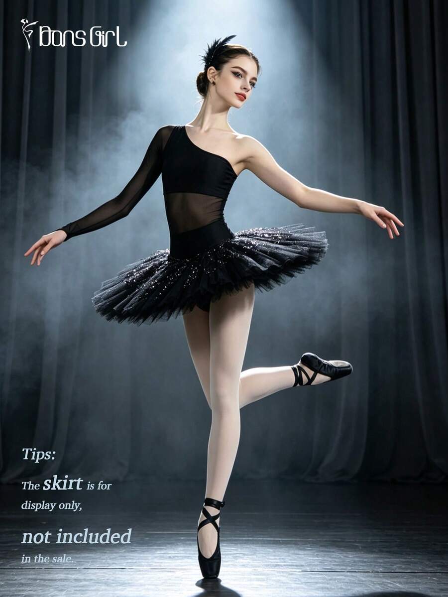 DonsGirl 1pc Women's Swan Lake Ballet Leotard, Sequin And Mesh Patchwork Dance Performance Costume, Asymmetrical Single Sleeve With Finger Loop, Suitable For Stage Performance - Black - View 1