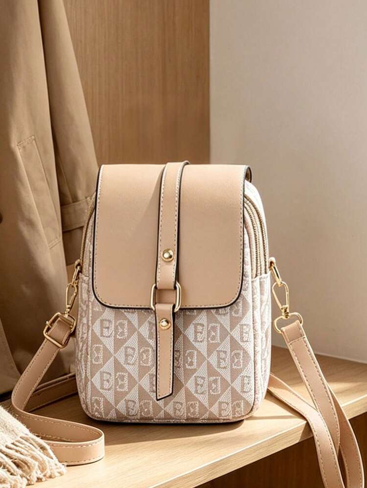 Shoulder Bag Vintage Rhombus Letter All-Over Print Fabric Metal Buckle Leather Strap Detail Decoration Clean Relaxed Vibe Exquisite Compact Style Bag Suitable For Commuting Shopping Dating Gathering Outing Outfit Niche Design Vertical Shoulder Bag - Khaki - View 6