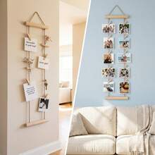 1 Set Natural Wooden Photo Hanging Rope With Wooden Clips, Multi-Photo Display Rack, No Drilling Required, Space-Saving, Suitable For Dorm, Bedroom, Desk And Wall Decoration - Multicolor - View 5