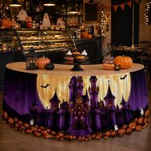 1pc Halloween Castle Pumpkin Moon Bat Theme Table Skirt, Eerie Gothic Holiday Decor Tablecloth For Party, Dining Table, Event Celebration - A - View 4