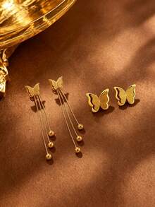 1 Set Elegant Butterfly-Shaped Stainless Steel Stud Earrings For Women, Suitable For Daily Wear/Vacation Travel/Party Dating - Yellow Gold - View 1