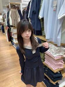 Early Autumn Design Korean Style Bow U-Neck Long Sleeve T-Shirt Top - Navy Blue - View 4